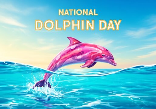 National dolphin day celebration with a vibrant pink dolphin jumping from ocean