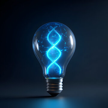 A futuristic light bulb containing a glowing blue DNA double helix, symbolizing innovation in genetics, biotechnology, and scientific research. Shot against a dark background.