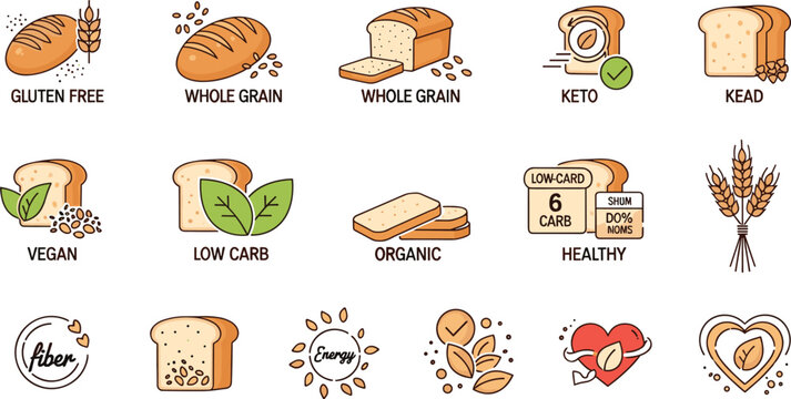 Healthy bread icons collection with gluten free vegan keto whole grain and organic labels, bakery nutrition badges vector set isolated on white background
