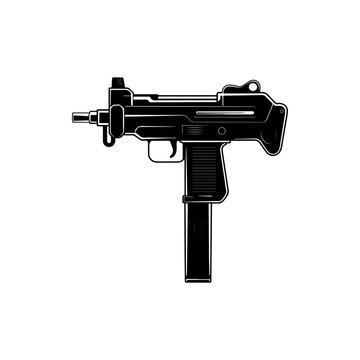 A black and white vector illustration of a compact submachine gun. This detailed side-profile silhouette is ideal for tactical, military, and gaming-related branding.