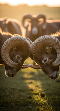 Two rams with large curved horns facing each other in a golden field during sunset, with strong backlighting and other sheep in the background.