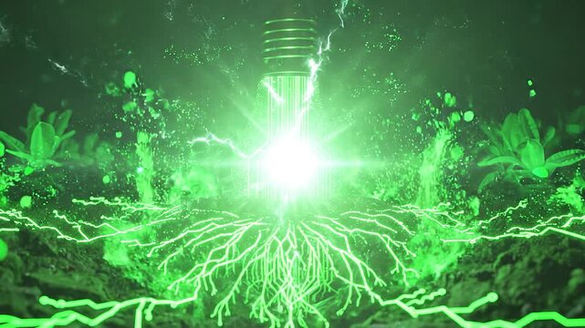 Glowing green digital lightbulb with roots and binary code