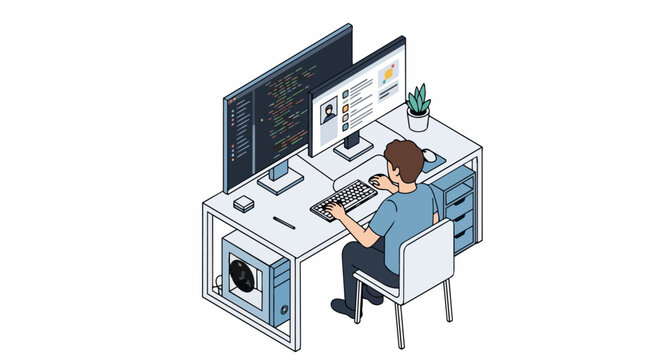 Isometric Software Developer at Minimalist Desk with Dual Monitors for Coding and Web Design