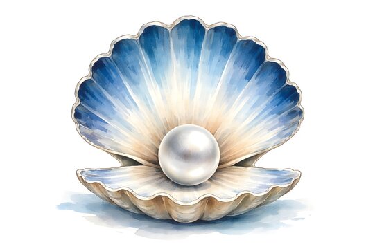 A stunning watercolor illustration of an open blue and white seashell revealing a large, luminous white pearl at its center.