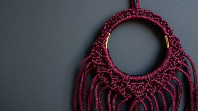 Intricate macrame necklace a deep burgundy statement piece with golden accents