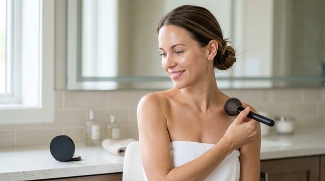 Woman applying bronzer while sitting in bathroom with natural light  