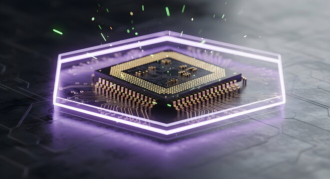 Glowing computer processor chip protected by a hexagonal shield