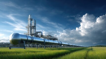 Fototapeta premium A gas pipeline runs through green grass under a blue sky filled with clouds. A compressor station is visible in the background, showing industrial activity in nature