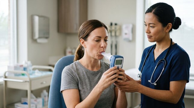 Young woman using spirometer while being assisted by nurse indoors  