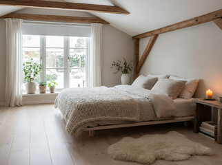 Fototapeta premium Cozy Scandinavian Bedroom with Natural Light and Warm Textures
