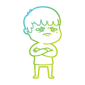 Cartoon illustration of a grumpy young boy with arms crossed and an annoyed expression.