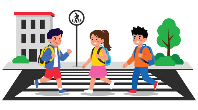 Three cheerful children walking across zebra crossing near building and tree.