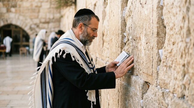 Jewish man praying at Western Wall wearing tallit in Jerusalem  