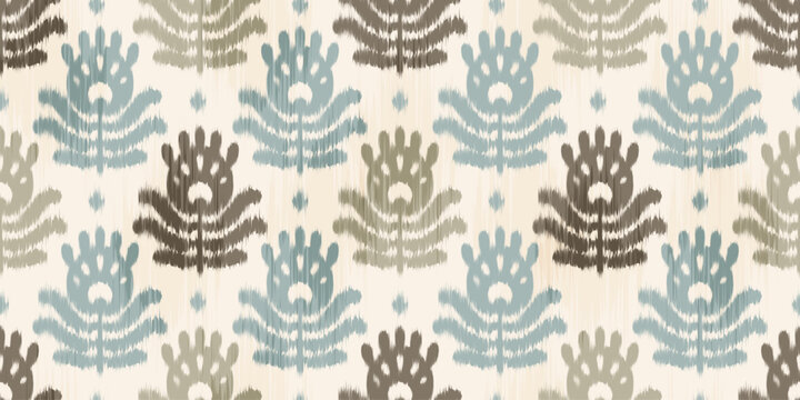 Ikat seamless pattern with abstract floral ornament. Ethnic vector rug textured print with batik watercolor effect. Tribal orient background. Bohemian decorative grunge bg
