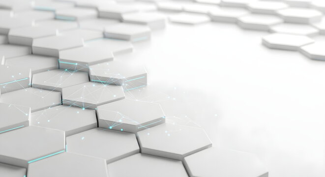 Abstract white hexagonal background with glowing cyan network lines
