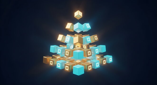 Abstract geometric background with illuminated blocks and data hierarchy