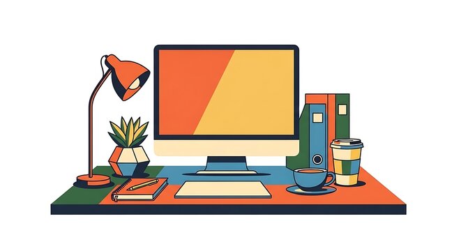 Computer monitor stands on an organized office desk with a desk lamp and stationery accessories.