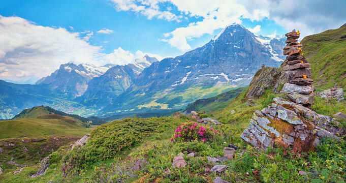 idyllic hiking area mannlichen mountain with view to eiger north face and grindelwald
