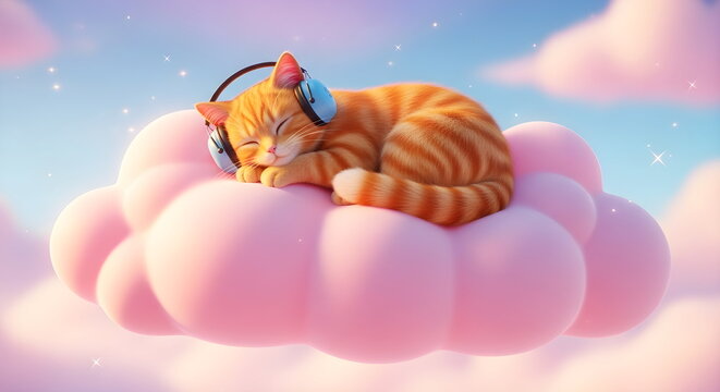 Dreamy 3D Illustration of a Kitten Listening to Relaxing Music