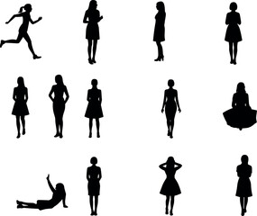 Fototapeta premium Woman silhouette collection featuring standing, walking, running and posing female figures, fashion and lifestyle poses isolated vector set on white background