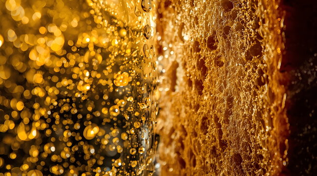 Microscopic View of Golden Liquid Splashes Against Crusty Bread Texture
