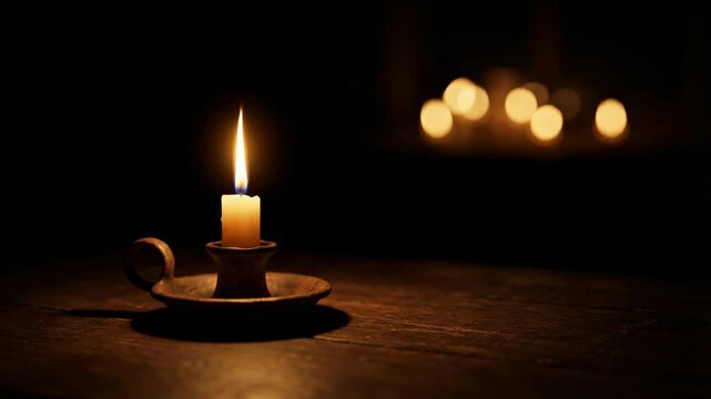 Candle burning on dark bokeh background. Mourning, memorial and hope concept in 4k video.