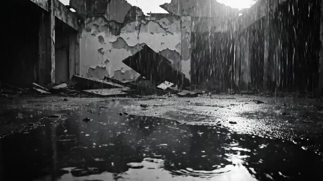 Rain falling through a dilapidated structure into a puddle, creating a melancholic ambiance in monochrome