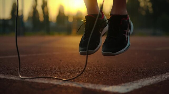 Vitality. Athletic man in sports gear jumps rope tensely on sports field. In slow motion disciplined athlete jump rope exercise conducts training, energy