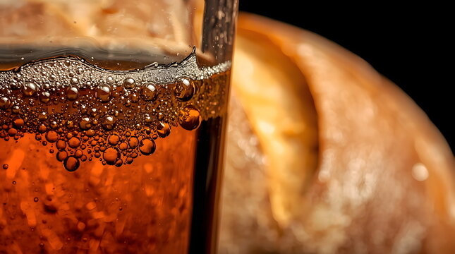 Close-up of Bubbly Amber Beverage in a Glass with Bread Background