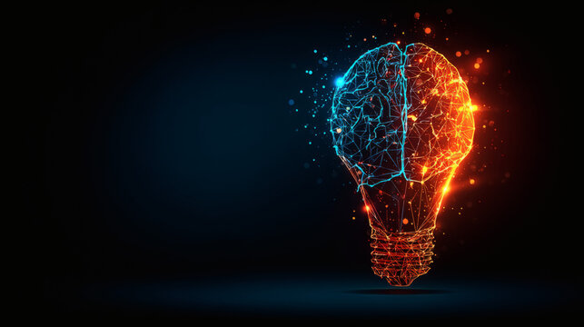stylized digital artwork of a light bulb made of orange-red energy filaments. At its center lies a human brain illuminated in a deep blue glow. The bulb appears to be exploding with tiny orange 