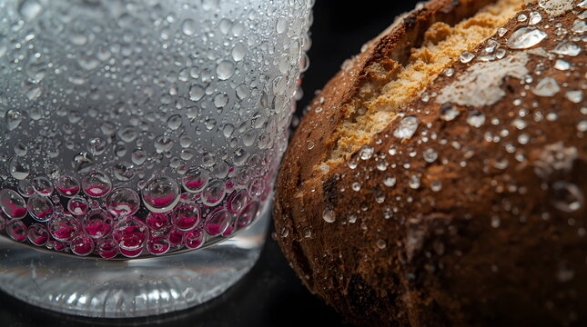 Macro Shot of Condensation on a Glass with Pink Liquid Beside Crusty Bread