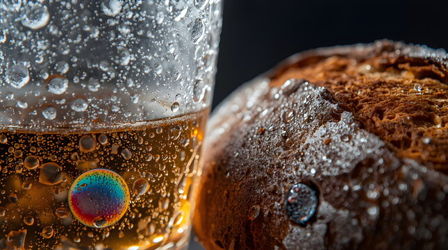 Extreme Close-up of Water Droplets and Textured Baked Bread