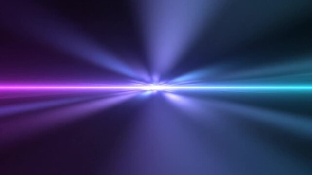 Vibrant purple and blue laser beams radiate outward in an abstract scene.