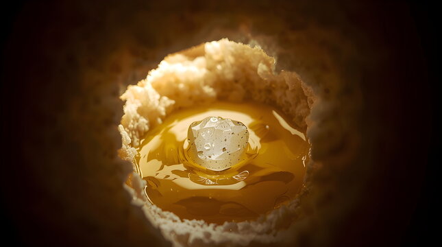 Extreme Macro of a Transparent Cube in Golden Liquid Inside Crusty Bread
