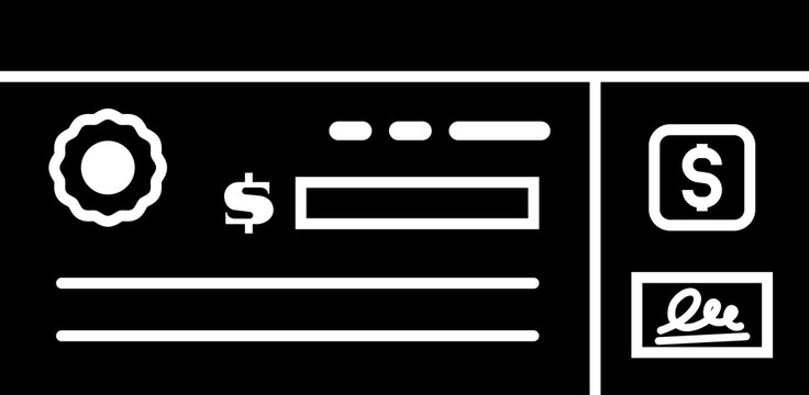 Modern bold black silhouette cheque icon representing bank check payments. Ideal for finance, money, and business themes. Bank cheque solid icon.
