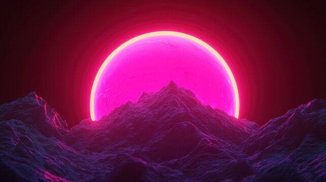 Vibrant, glowing sun rises over rugged mountain landscape, casting surreal pink hue across scene. combination of colors creates otherworldly atmosphere, evoking feelings of wonder and exploration