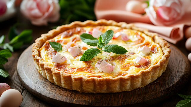 Delicious ham and cheese quiche with fresh mint sits on wooden board with spring flowers and eggs.