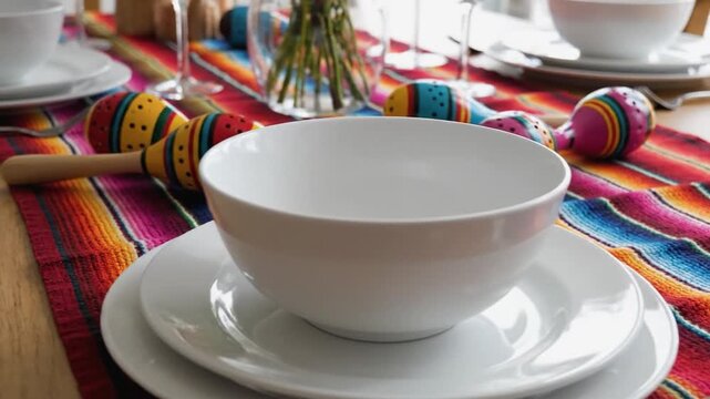 Colorful table setting with white dishes and maracas on vibrant woven table runner