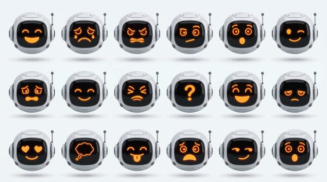 collection of robotic head icons with glowing orange digital facial expressions and various emotions on white background, concept for artificial intelligence, chatbot and interface design