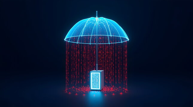 Glowing Blue Umbrella Protecting Server from Red Digital Code Rain