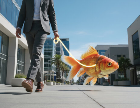 Surreal business concept of person walking giant goldfish on glowing leash down modern street. This unique and creative scene shows imagination and leadership