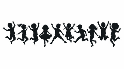 Fototapeta premium Silhouettes of a diverse group of happy children jumping and playing together in a row on a white background, concept for childhood education, youth celebration and active lifestyle promo