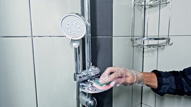 A person is focused on cleaning the shower head and faucet with a sponge. The bathroom has tiled walls. Water is not running during this cleaning task.