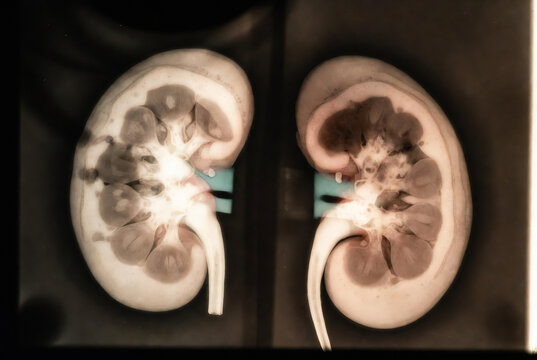 Kidney X-ray images of two kidneys, indicating a medical examination.