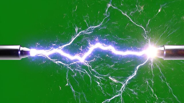 Intense Electrical Arc Discharge and Plasma Spark Between Two Electrodes on a Green Screen Background for VFX
