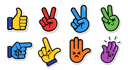 Fototapeta premium Colorful Hand Gesture Icons Set: Thumbs Up, Peace Signs, Pointing, Shaka, Angry Face