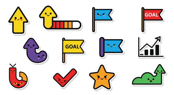 Cute Kawaii Sticker Pack: Arrows, Flags, Goal, Star, Checkmark, Graph