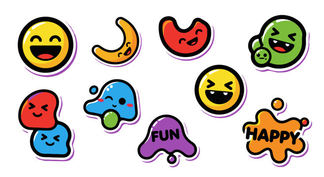 Cute Cartoon Stickers: Happy Faces, Fun Shapes, and Playful Characters