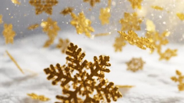 Golden snowflakes falling over white snow in winter light