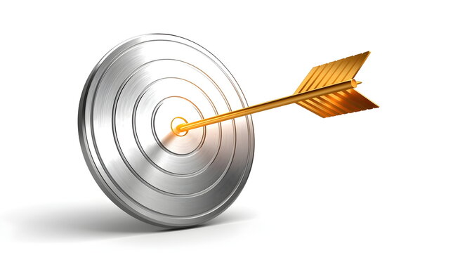 Golden Arrow Hitting the Center of a Silver Target on White Background